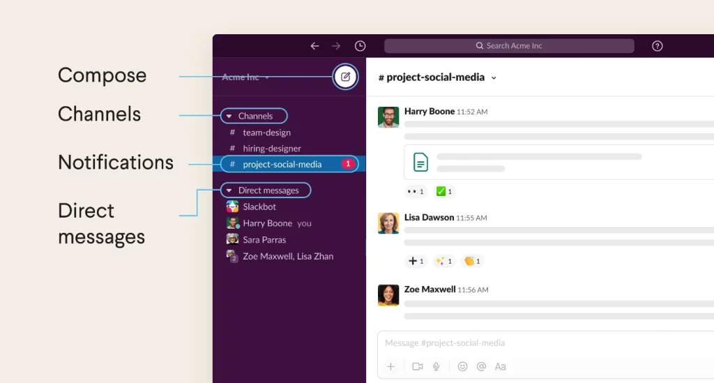 Slack features for virtual team communication