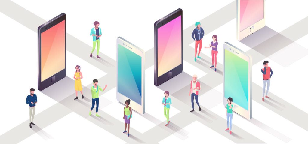 Infographic displaying a group of users standing around giant smartphone models