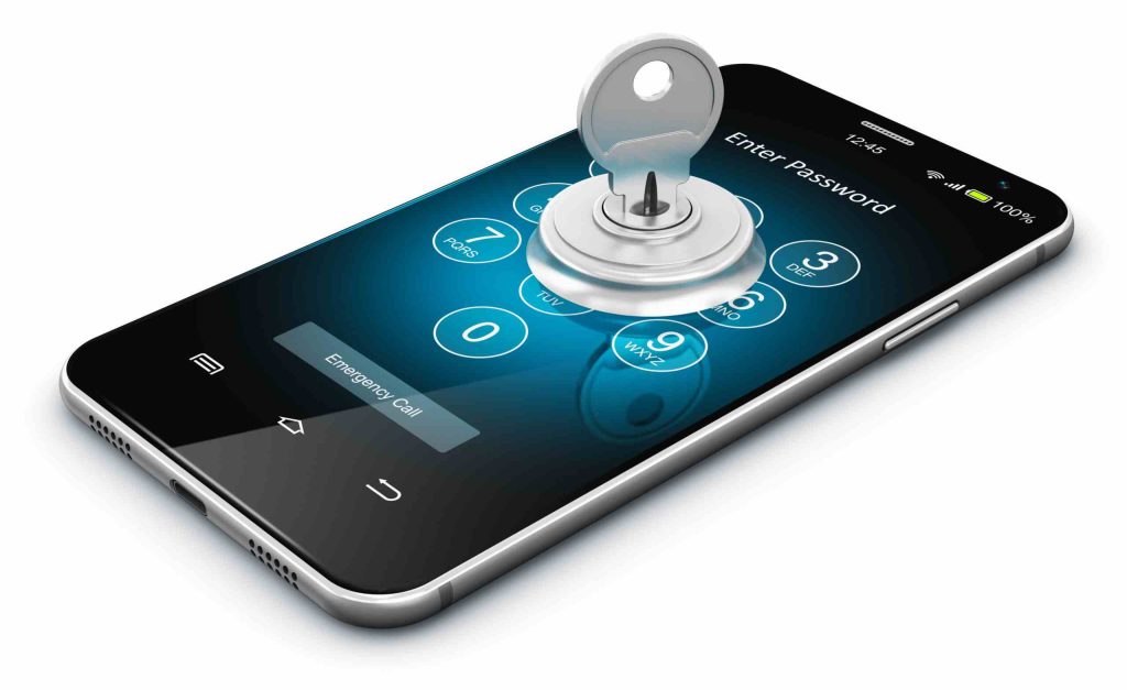 Highly secure passworded mobile phone with physical key and lock