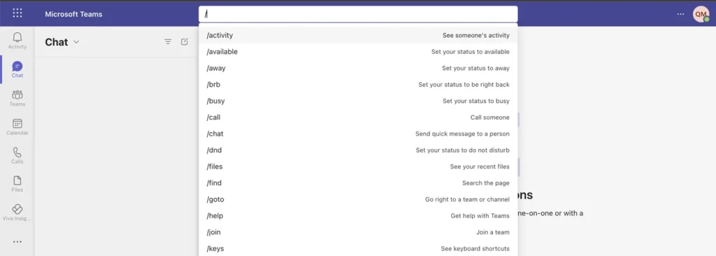 List of slash commands available in Microsoft Teams