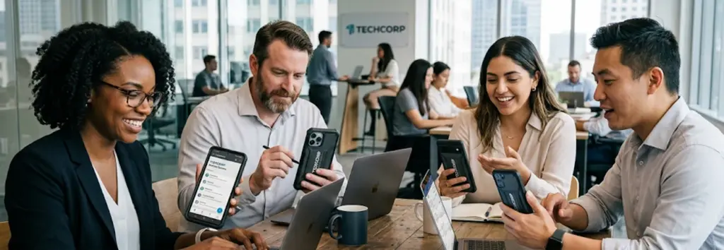 Business team collaborating with diverse corporate-issued and BYOD smartphones and laptops, highlighting the blend of devices in modern workforces.