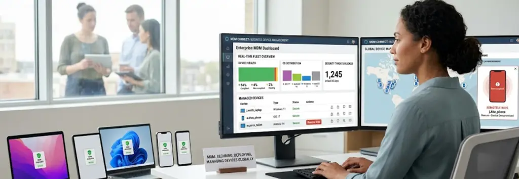 IT administrator managing a comprehensive Mobile Device Management (MDM) dashboard, overseeing secure corporate and BYOD business devices.