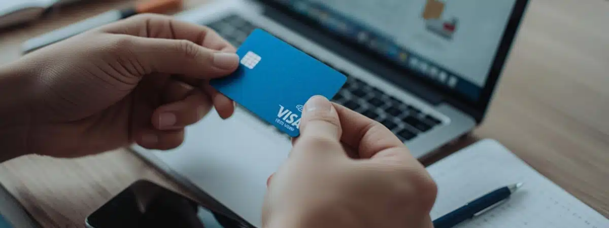 Man looks at credit card whilst using laptop
