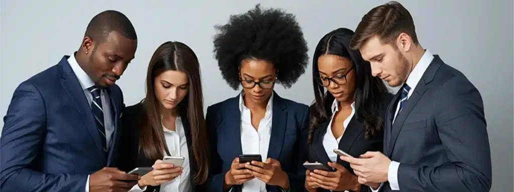 Business employees gather round checking their smartphones