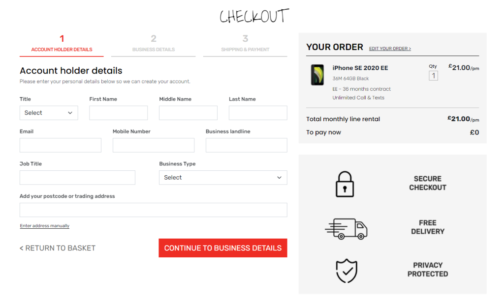 Business Mobiles checkout screen