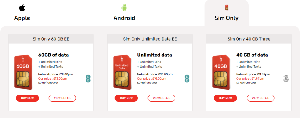 Business Mobiles SIM only business deals shop screenshot