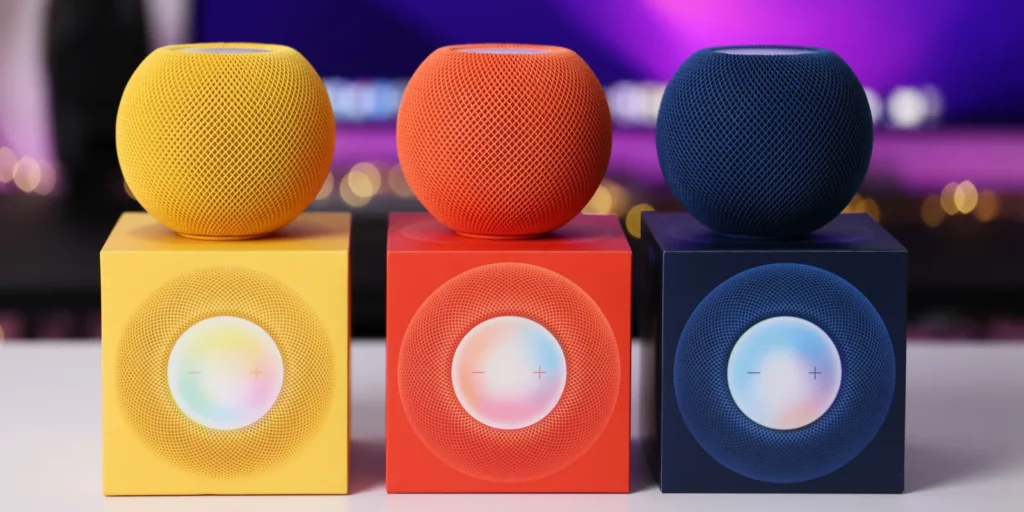 Square and circular HomePod mini smart home device models in blue, yellow and orange