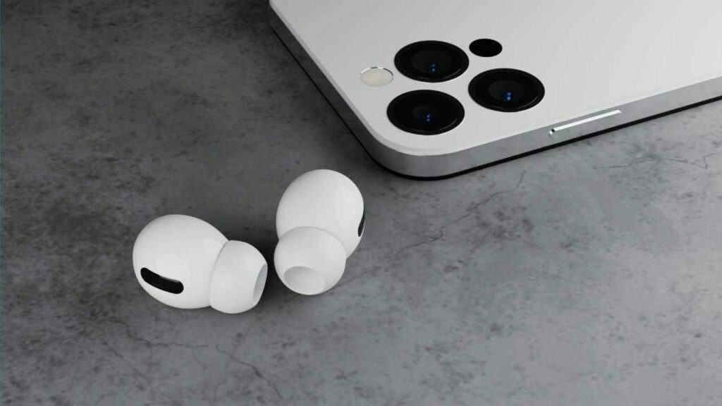 Apple AirPods Pro 2 wireless earphones concept design next to iPhone 14