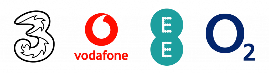 UK biggest network provider Three, Vodafone, O2, EE business logos