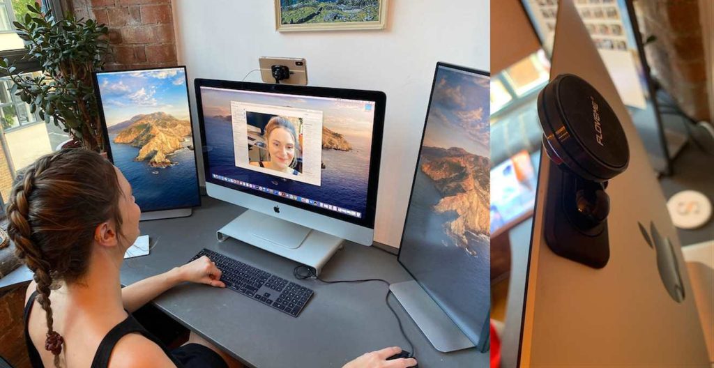 Woman uses iPhone 14 as webcam during online meeting on her iMac computer