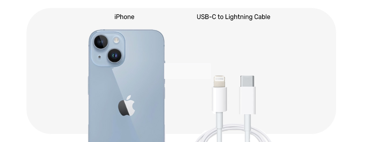 iPhone 14 and 14 Plus business contract package box contents with smartphone and USB-C to Lightning cable