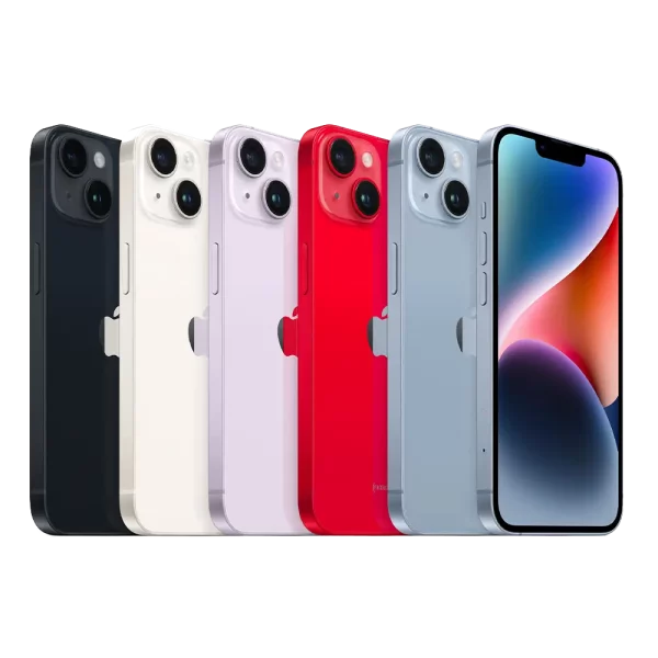 Cutout of Apple iPhone 14 and 14 Plus Series models in all colours