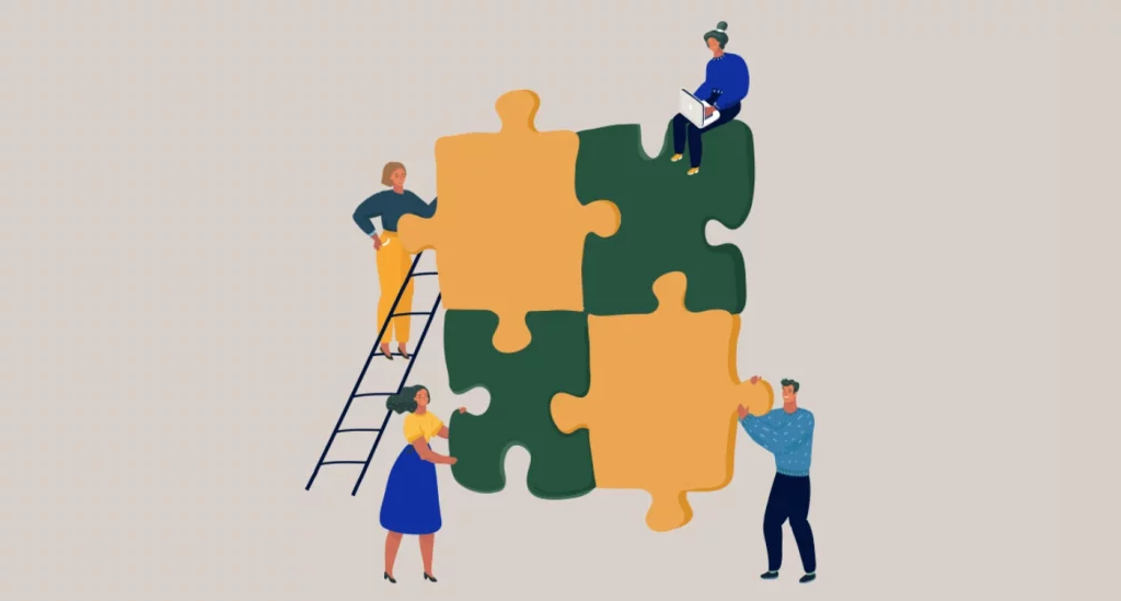 Graphic of team members working together to build a puzzle