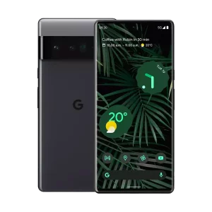 Cutout of front & rear sides of Google Pixel 6 Pro smartphone in Stormy Black