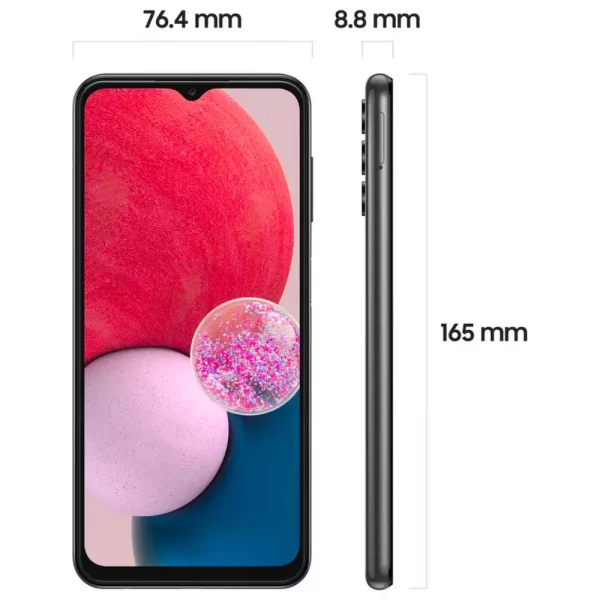 Cutout of Samsung Galaxy A13 length, width, and size dimensions in millimetres