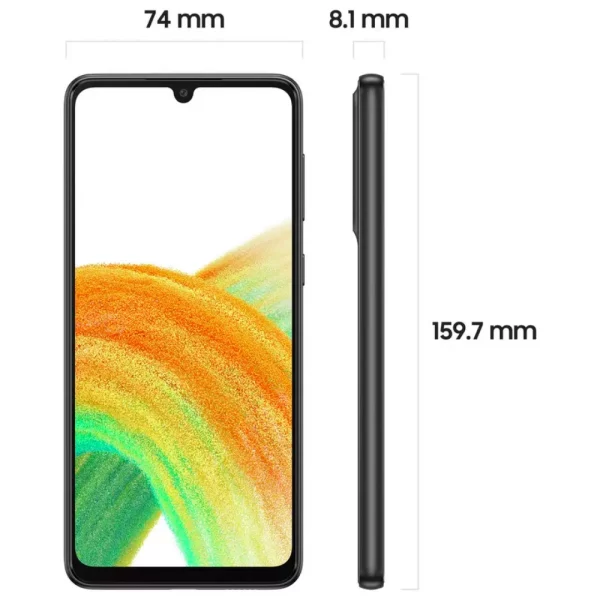 Annotated cutout of Galaxy A33 5G length, width and size dimensions