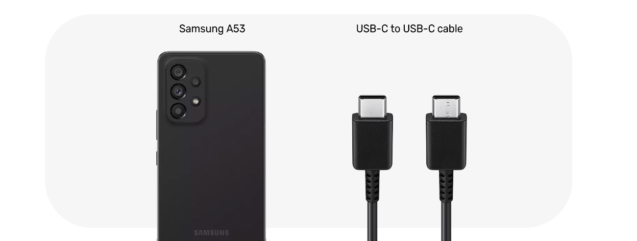 Samsung Galaxy A53 for business box contents including smartphone and charger