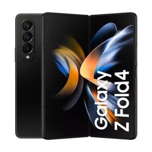 Cutout of Samsung Galaxy Z Fold 4 folding business phone in Phantom Black with triple camera and display