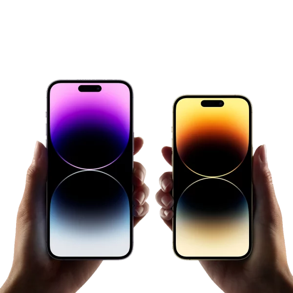 Two hands hold up iPhone 14 Plus and Pro Max models side by side
