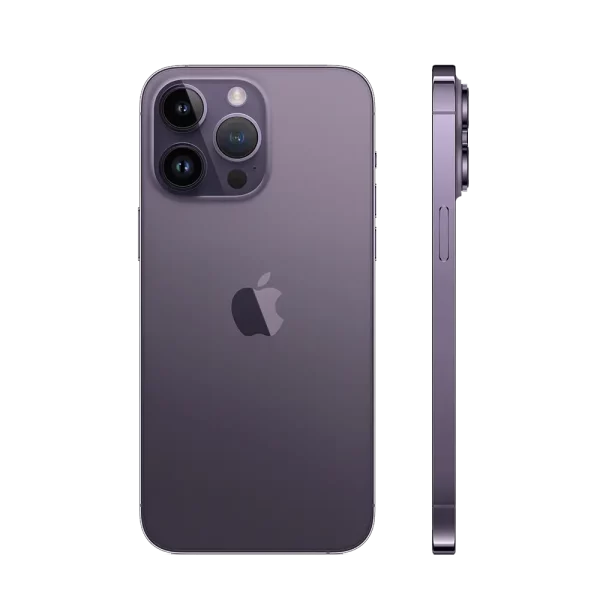 Front & side profile of iPhone 14 Pro Max in deep purple