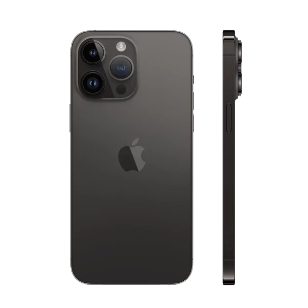 Product image cutout of Apple iPhone 14 Pro for business showing side profile and triple camera