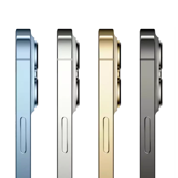 Side-profile shot of four iPhone 13 Pro models in all colours