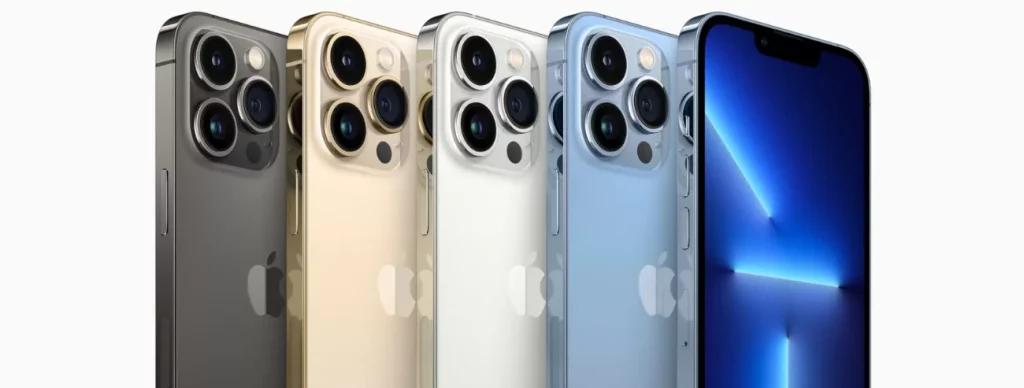 Row of iPhone 13 Pro business mobile models in all colours