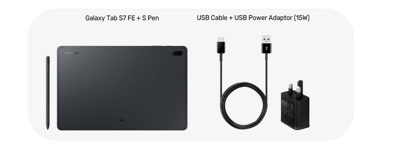 Samsung Galaxy Tab S7 FE for business box contents including tablet, 15W power adapter, and USB-C charger