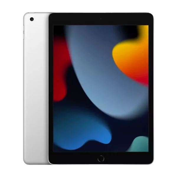 Apple iPad 10.2" (2021) in silver with unlocked display and camera.