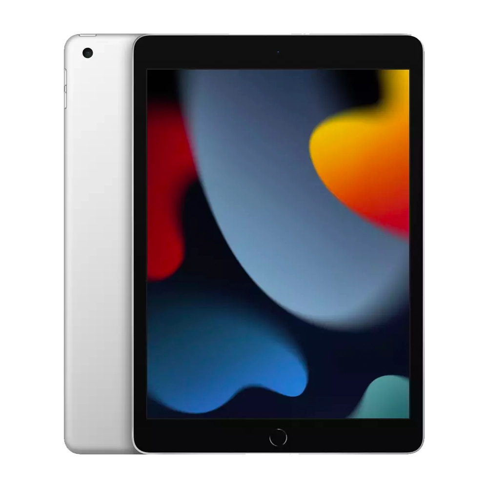 Apple iPad 10.2" (2021) in silver with unlocked display and camera.