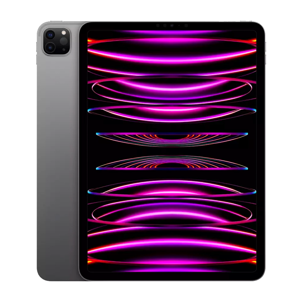 Cutout of Apple iPad Pro 11" for Business (2022) in Space Grey with unlocked display and triple camera