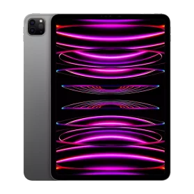 Cutout of Apple iPad Pro 12.9" for Business (2022) in Space Grey with unlocked display and triple camera