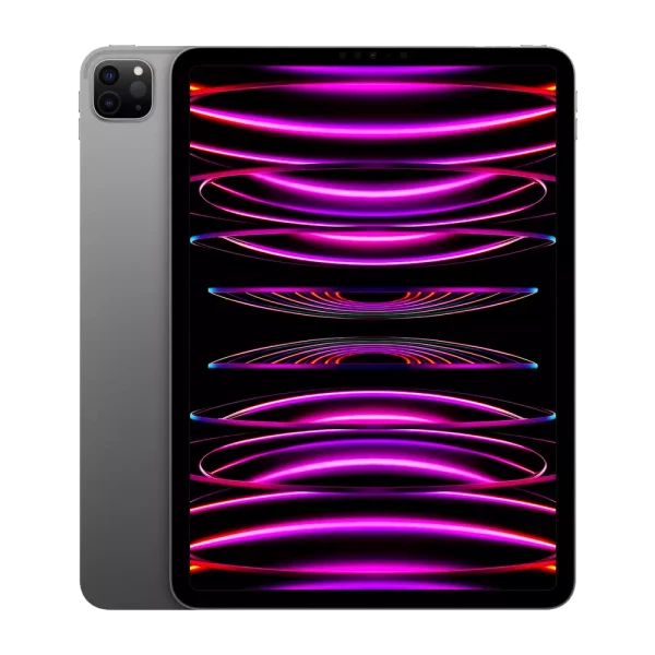 Cutout of Apple iPad Pro 12.9" for Business (2022) in Space Grey with unlocked display and triple camera