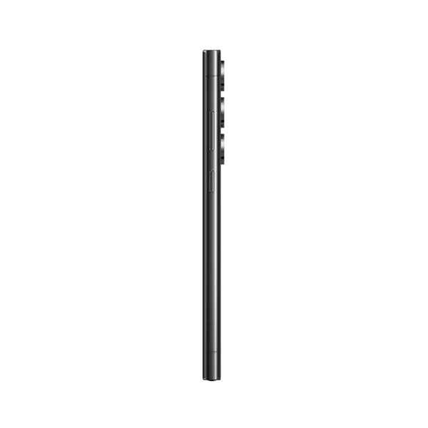 Side profile shot of Phantom Black Samsung Galaxy S23 Ultra on transparent background