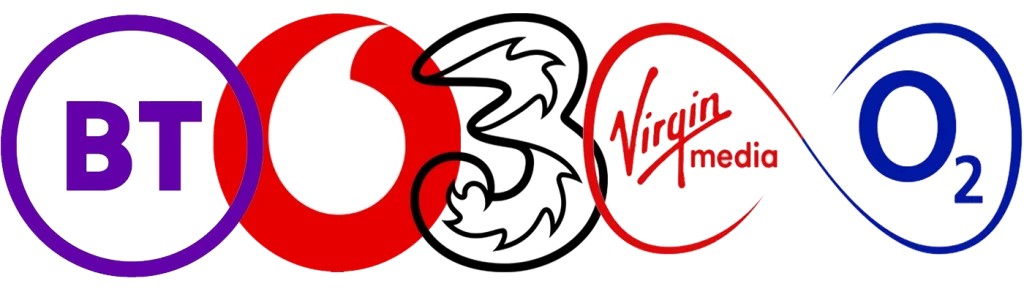 Collection of BT, Vodafone, Three, Virgin Media, and O2 UK network operator logos