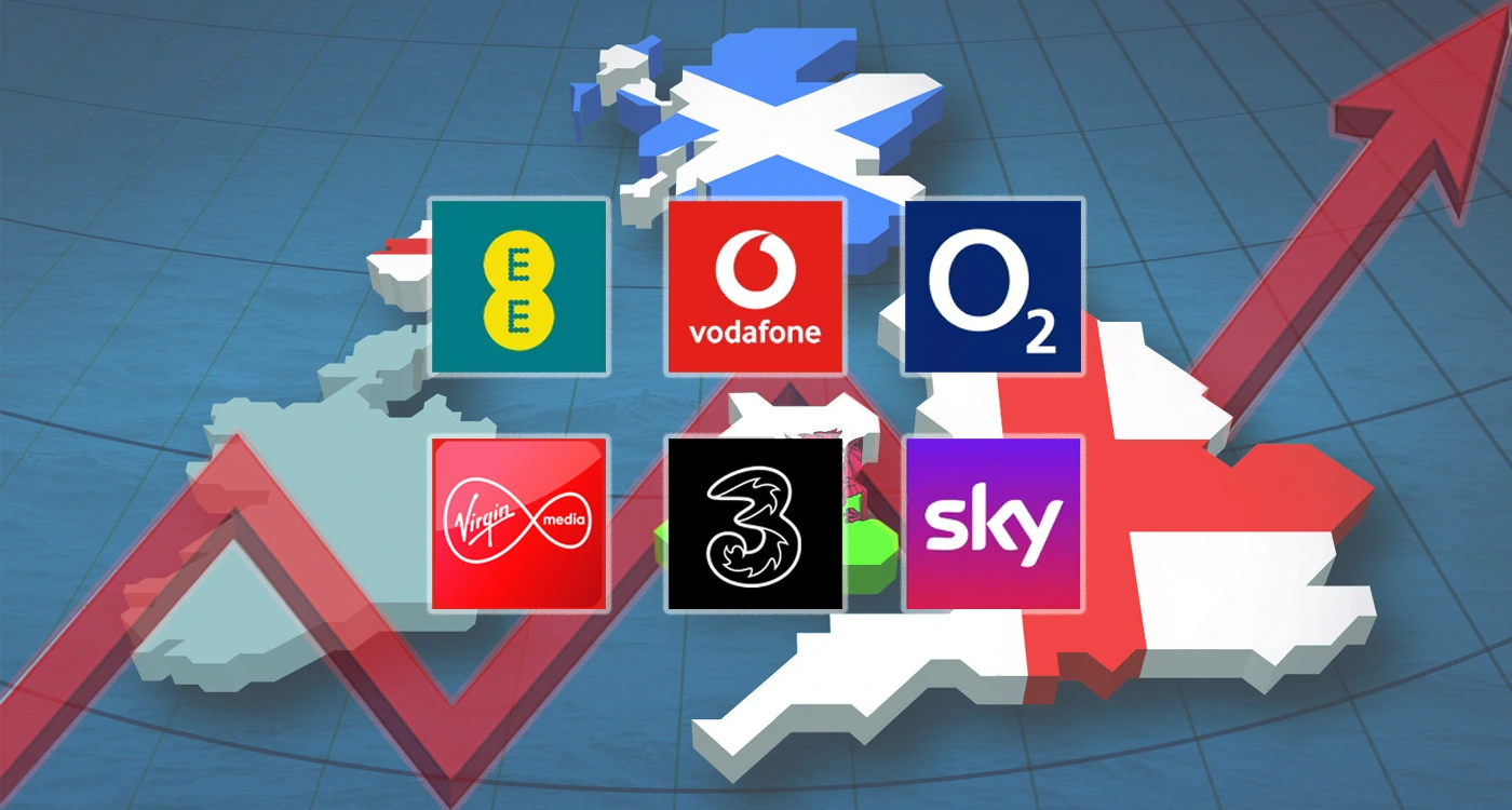 UK Networks 2023 Price increase with EE, Vodafone, O2, Virgin Mobile, Three, and Sky network logos