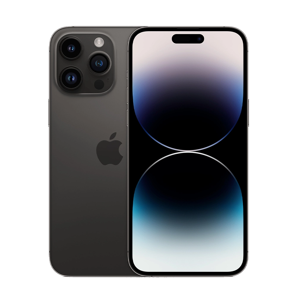 Product image cutout of Apple iPhone 14 Pro for business showing screen and triple camera
