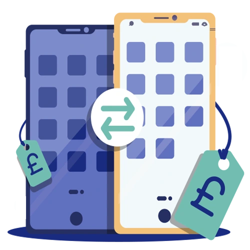 Infographic cutout of two mobile phone models comparing prices