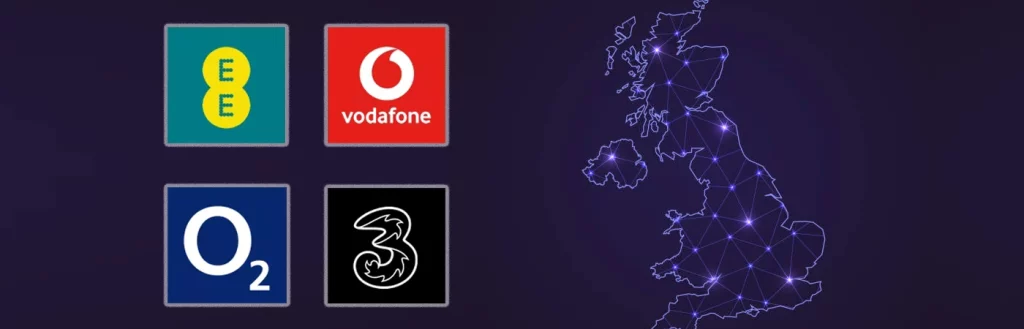 EE, O2, Vodafone, and Three mobile network logos next to UK graphic