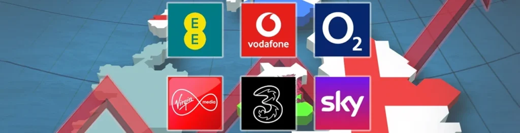 UK Networks 2023 Price increase with EE, Vodafone, O2, Virgin Mobile, Three, and Sky network logos