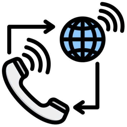 Business VoIP phone systems with telephone and globe icons