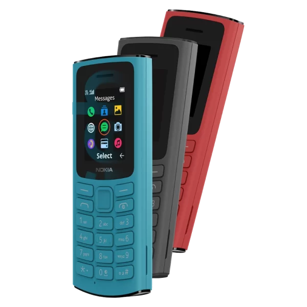 Blue, Grey, and Red Nokia 105 4G Business Mobile Models in a row