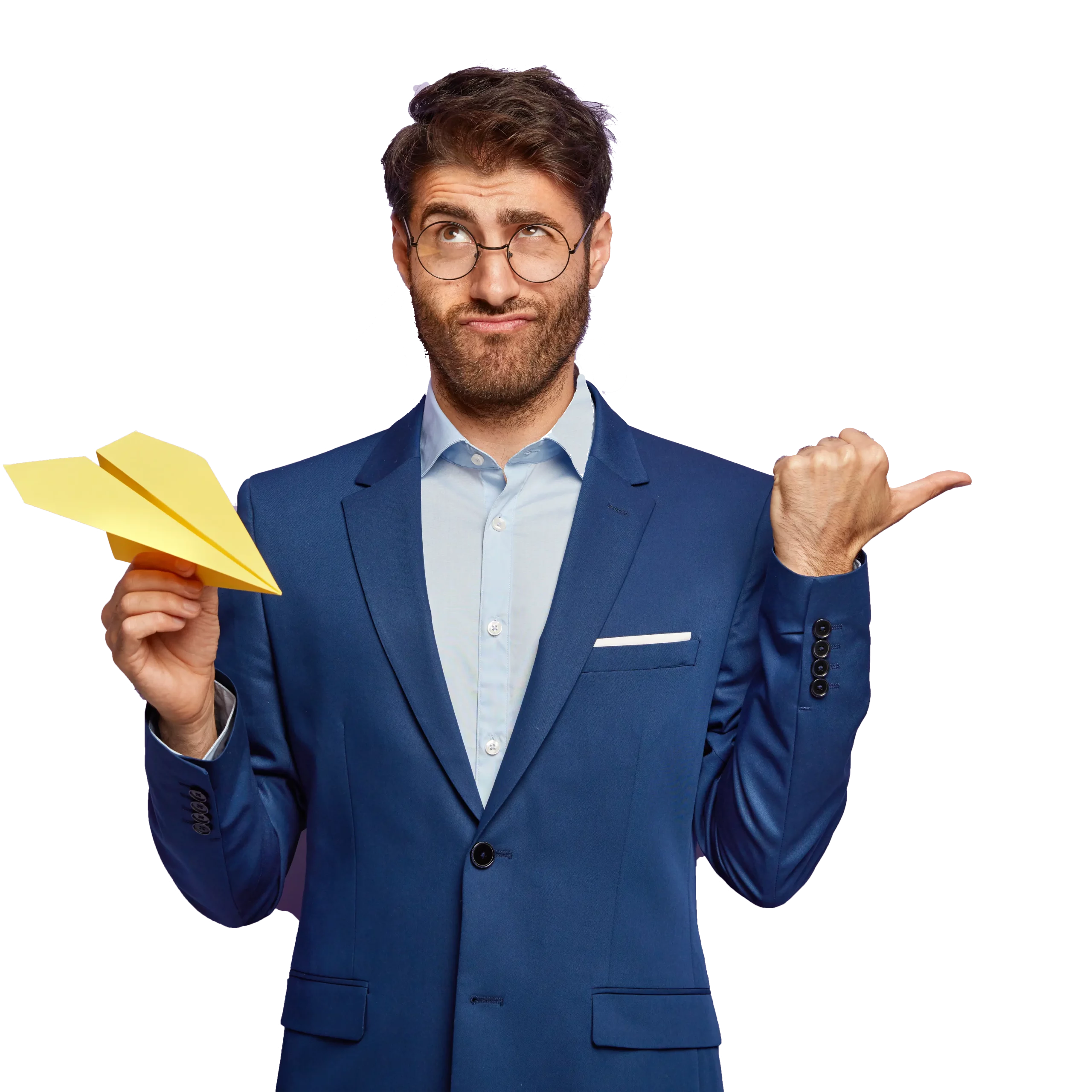 Suited man with confused expression holding a paper aeroplane and pointing with his thumb