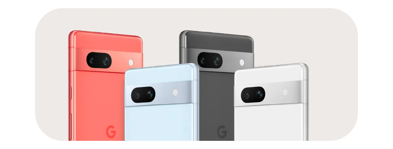 Row of four Google Pixel 7a models in Peach Red, Light Blue, Grey, and Silver