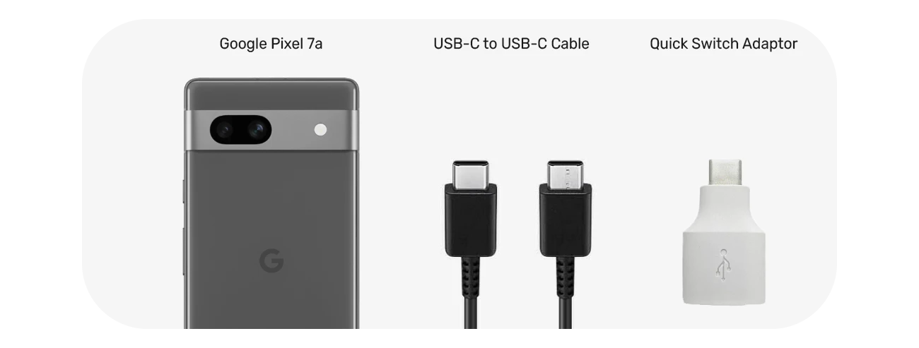 Google Pixel 7a for Business Contract Box Contents including USB-C to USB-C Cable and Quick Switch Adaptor