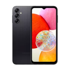 Front & rear side of Samsung Galaxy A14 showcasing unlocked display and triple camera system