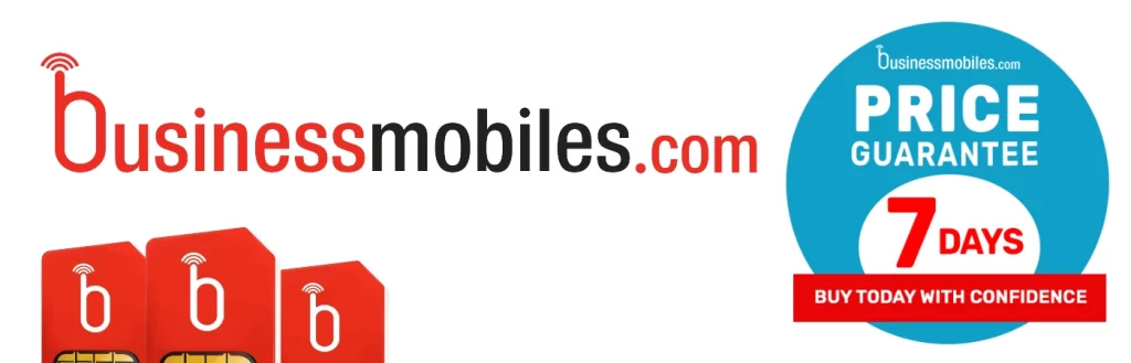 BusinessMobiles.com 7-day price guarantee sticker with 3 branded SIM cards