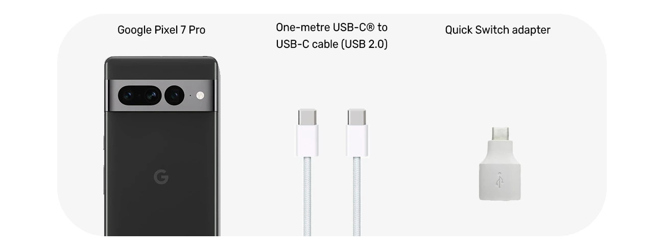 Google Pixel 7 Pro for Business Contract Box Contents including USB-C to USB-C Cable and Quick Switch Adaptor