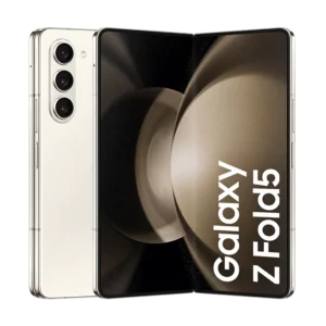 Samsung Galaxy Z Fold 5 folding smartphone in Cream colour with unlocked display and triple camera