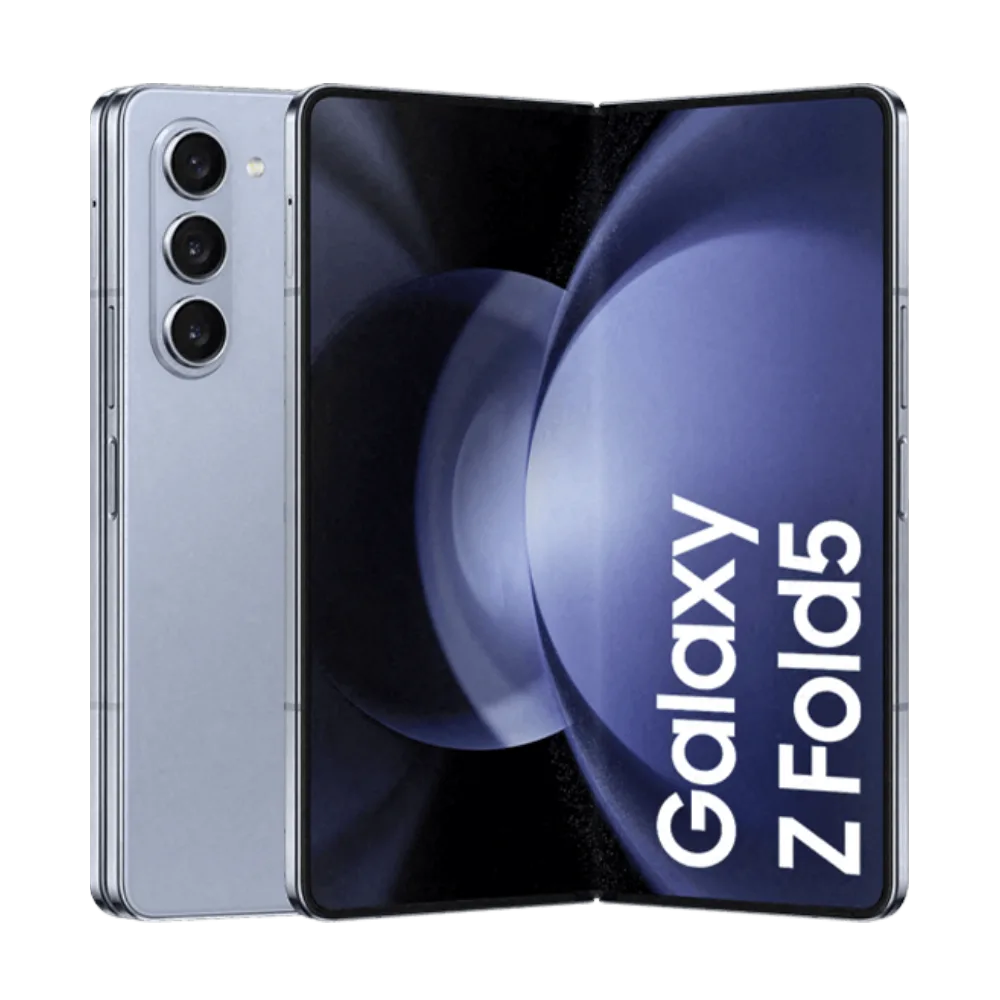 Samsung Galaxy Z Fold 5 folding smartphone in Icy Blue with unlocked display and triple camera